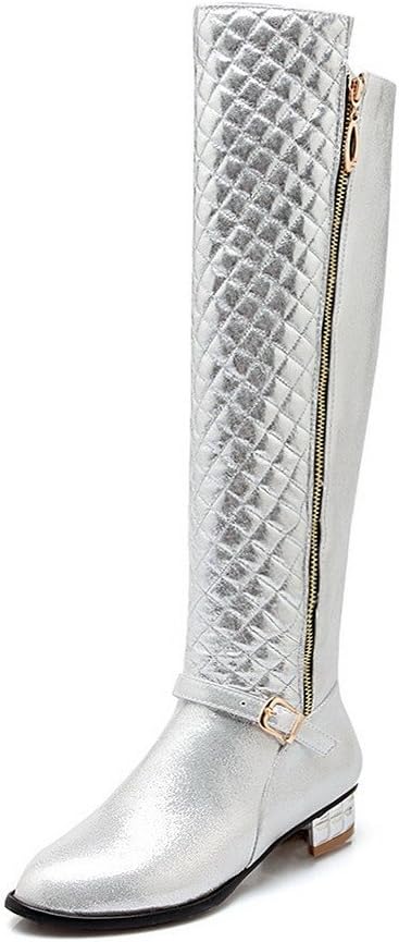 AmoonyFashion Women's Zipper Round Closed Toe Blend Materials PU Above-The-Knee Boots