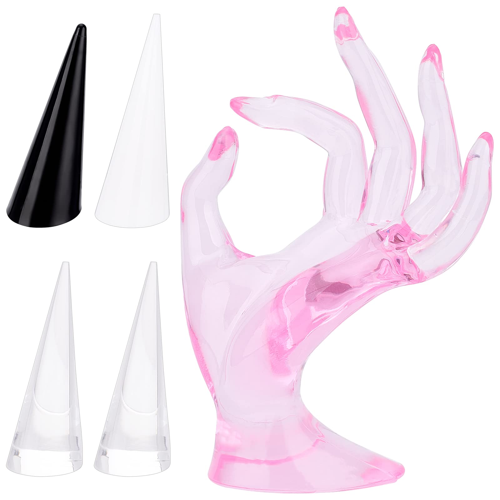 NBEADS 7 Pcs Acrylic Ring Display Stands Kit, Hand Jewelry Display Holder Cone Shape Finger Ring Organizer for Jewelry Exhibition