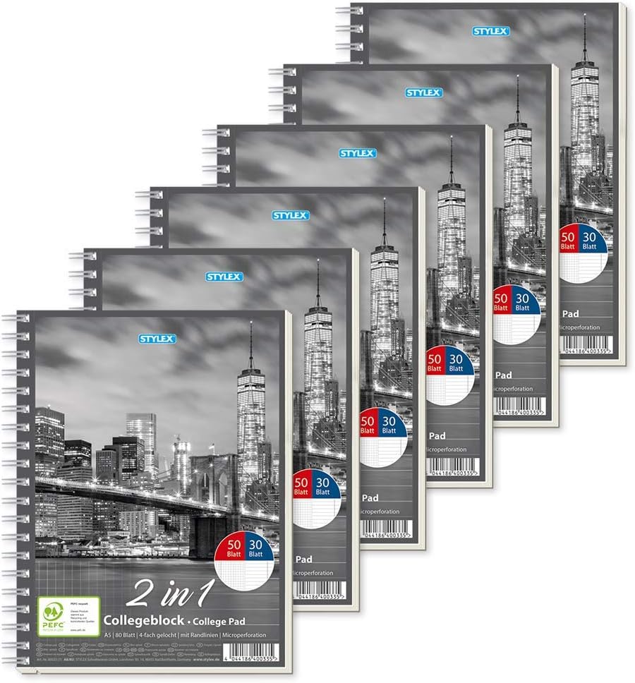 Stylex 40033-P6-6x Duo College Notepad, DIN A5, 50 Squared Sheets, 30 Lined Pages, clear