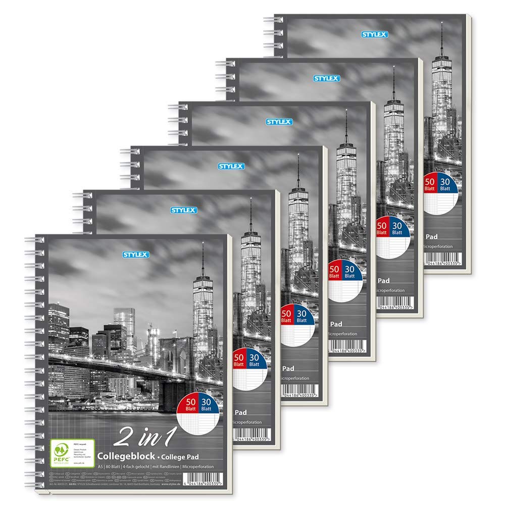 Stylex 40033-P6-6x Duo College Notepad, DIN A5, 50 Squared Sheets, 30 Lined Pages