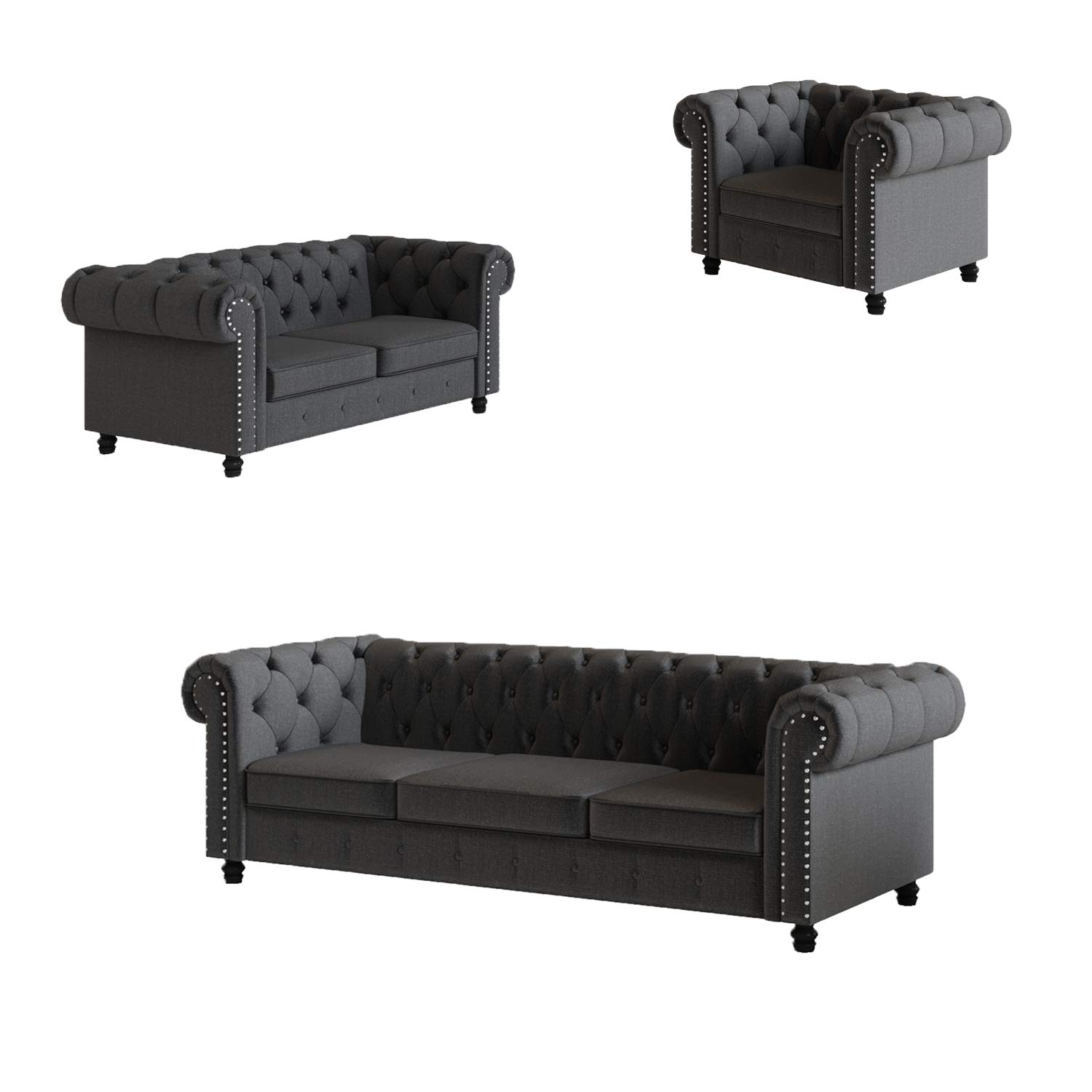 Morden Fort Sofa Set 3 Pieces, Living Room Chair, Sofa and Loveseat (Grey)