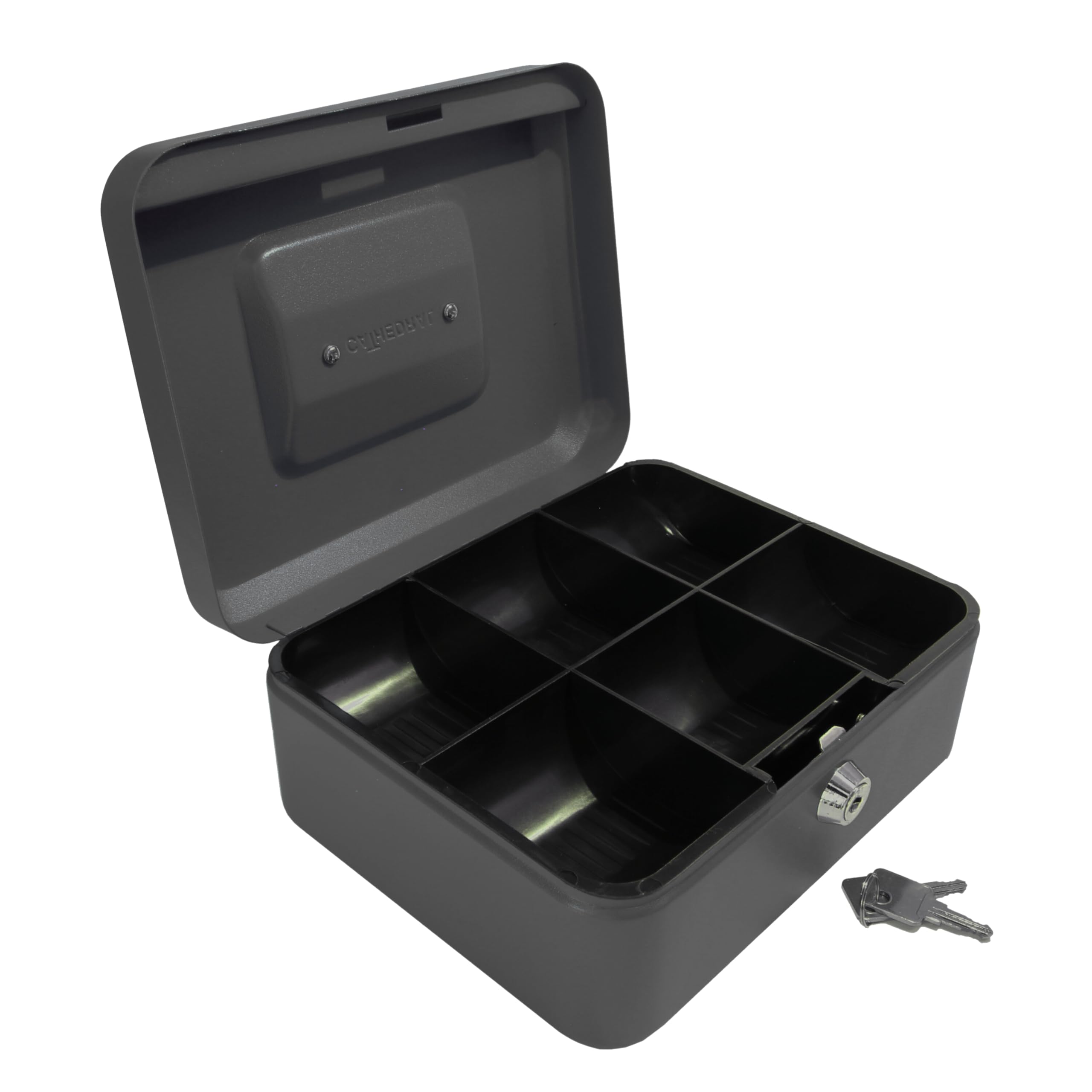 Cathedral Products Key Lockable Cash Box with Lift Out 6 Compartment Coin Tray - 8 Inch - Black