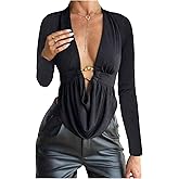 SOLY HUX Women's Plus Size Ruched Cowl Neck T Shirt Long Sleeve Asymmetrical Party Club Tops