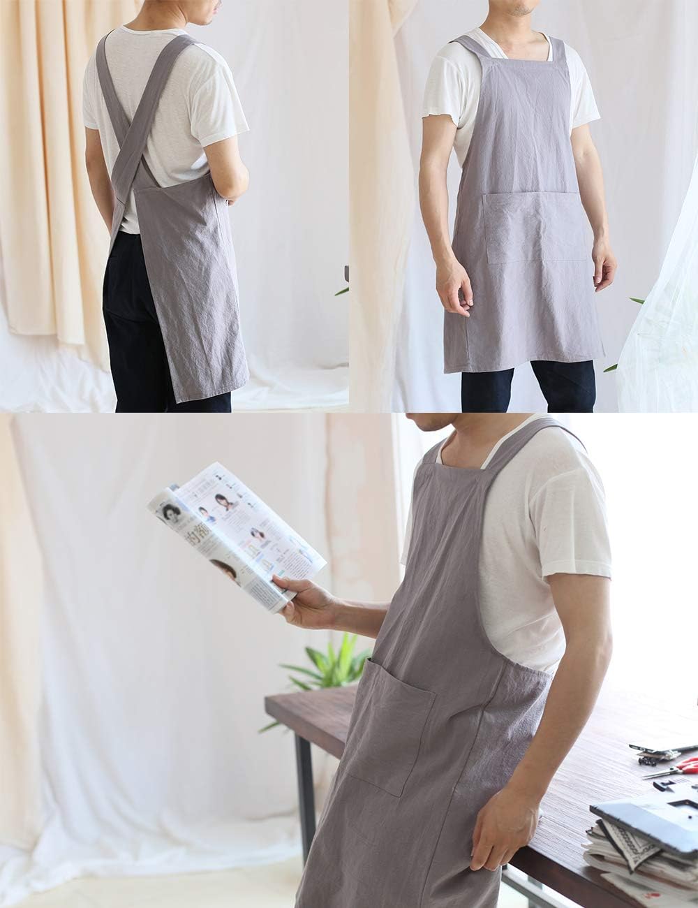 FBBULES Kitchen Apron with Pocket, Cotton Linen Japanese Style Apron, Cross Back Bandage Halter Pinafore - Image 4