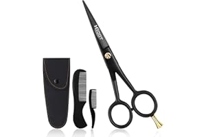 HB DOT HB-DOT 5" Professional Mustache & Beard Scissors, German Stainless Steel Mustache Scissors, Mustache Scissors for Men with PU Leather Pouch and Comb set. (Black, 5 inches)