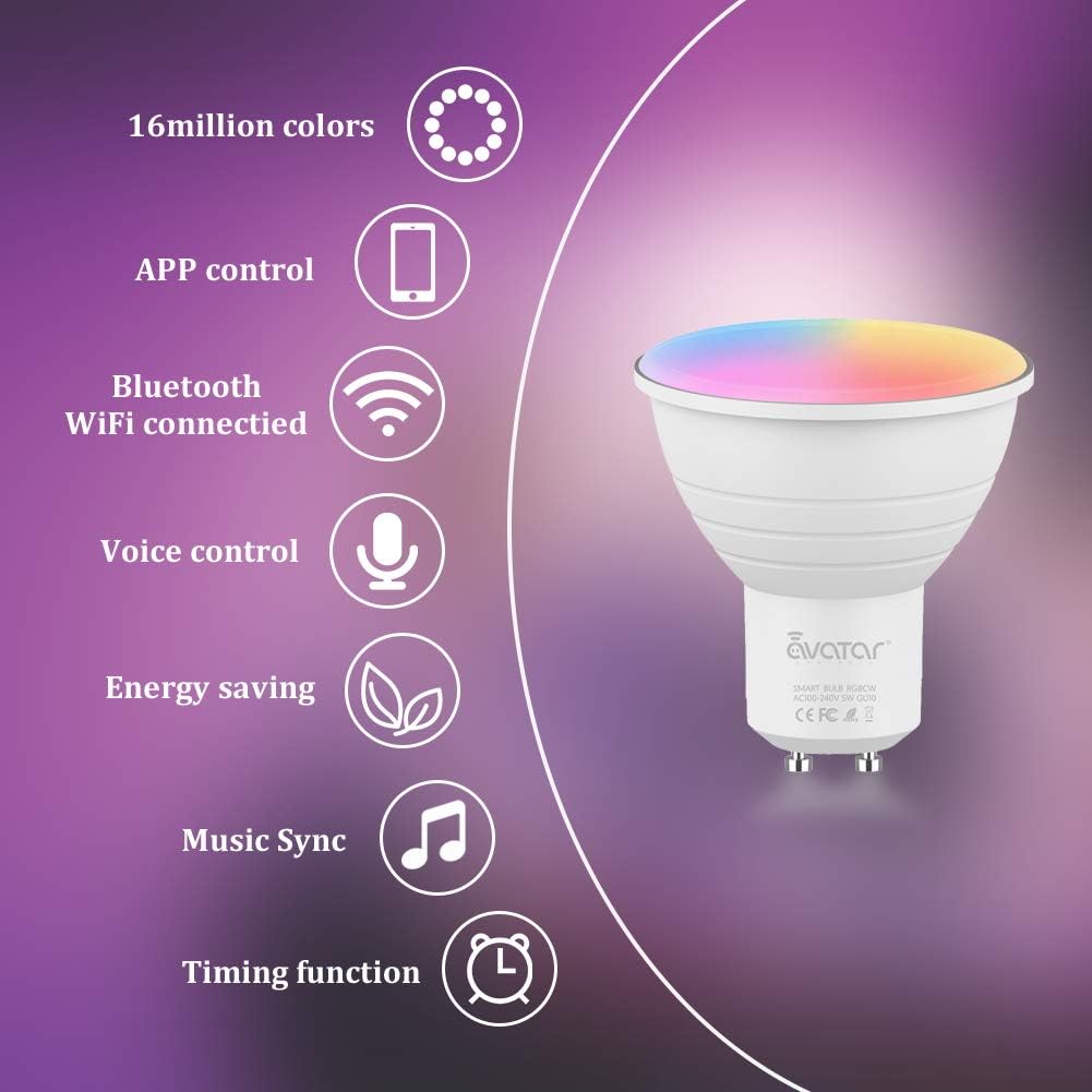 Avatar Controls GU10 Smart Bulb 4 Pack, 5W Music Sync Spot Alexa LED Lights RGBCW Colour Changing Dimmable Warm Cool White - Image 3