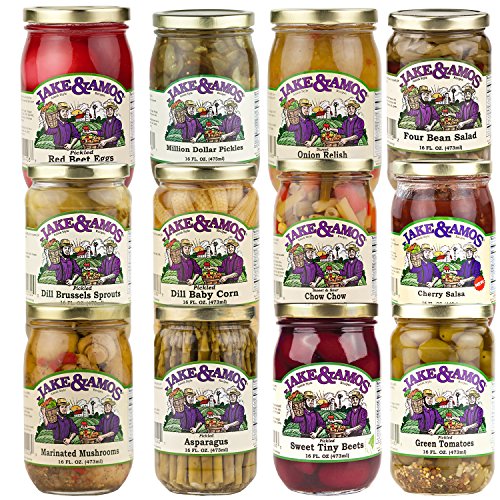 Jake & Amos Pickles, Pickled Vegetables, Pickled Eggs and Salsa Mega Gift Pack (1-16 oz. Jar Each of 12 Varieties)