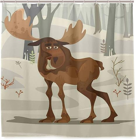 Amazon Ninehasa シャワーカーテン 防水 ポリエステル 風呂カーテン 浴室 おしゃれ かわいい 森漫画イラストを歩いて幸せな笑顔エルクマスコットキャラクター 取付簡単 浴室 間仕切り カーテンリング付属 シャワーカーテン ホーム キッチン オンライン通販