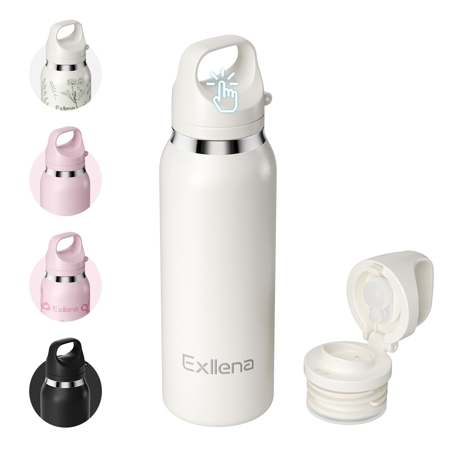 Photo 1 of Exllena 650ml/22oz Travel Water Bottles Insulated with One-Touch Flip Lid, Metal Slim Water Bottle with Easy Carry Handle and Quick-drink Design Ideal for Sport, Car or Cycling...(Cream)