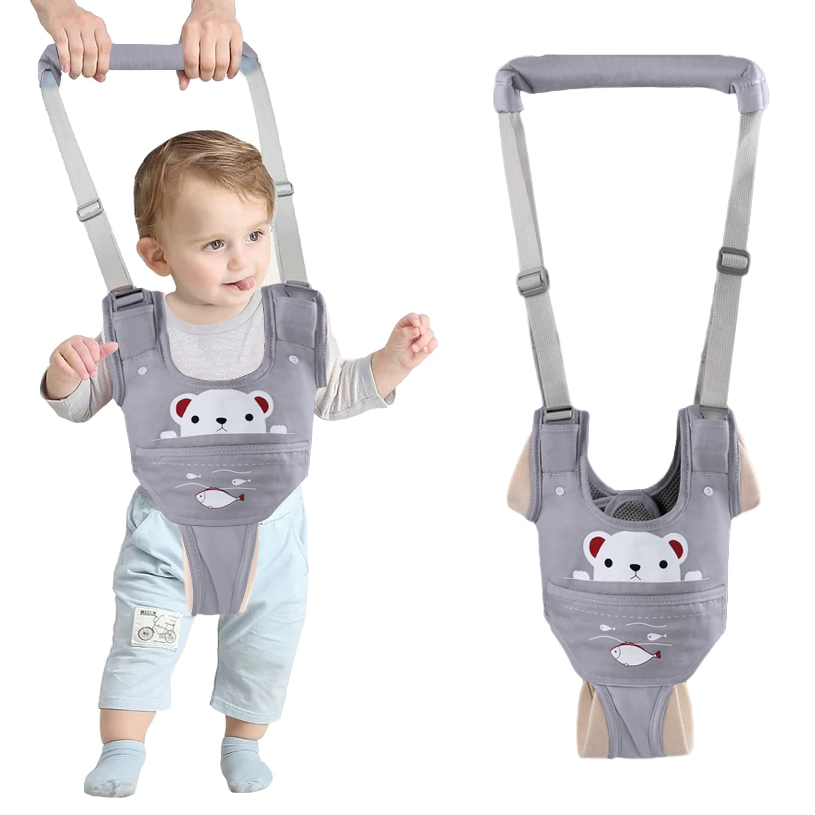 Photo 1 of Ocanoiy Baby Walking Harness Handheld Baby Walker Assistant Belt Adjustable Toddler Infant Walker Safety Harnesses Standing Up and Walking Learning Helper with Detachable Crotch for 9-24 Month (Gray)