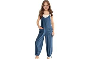 AOREUGL Girls Jumpsuit Casual Sleeveless Spaghetti Strap Overalls Harem Long Pants Rompers With Pockets Size 5-14 Years