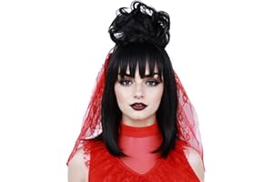 Wallden Hair Black Bride Costume Wig For Women Black Wig with bangs and Bride Fluffy Buns Heat Resistant Synthetic Gothic Bride Cosplay Party Halloween Wigs