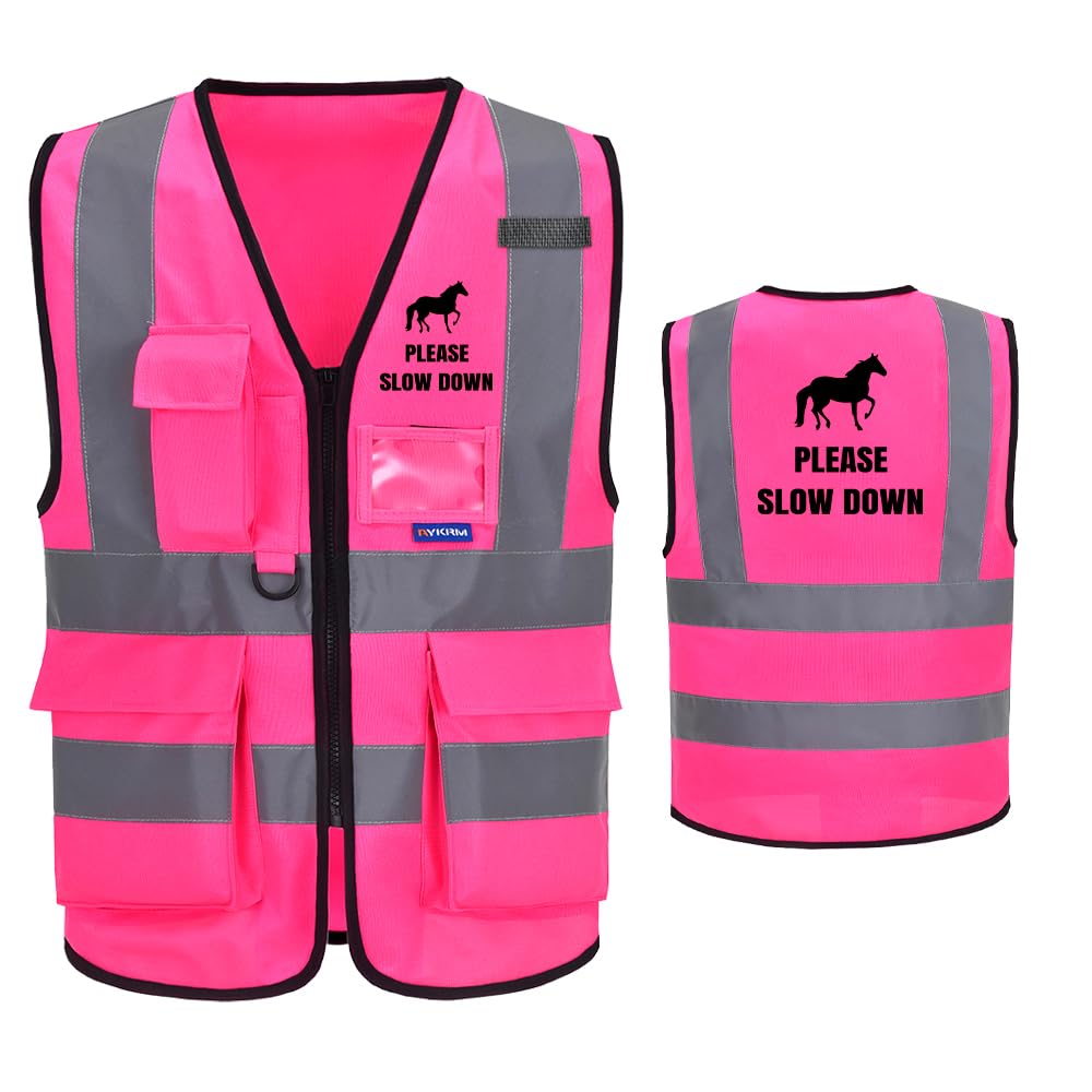 Equestrian PLEASE SLOW DOWN Hi Vis Vest Pink Horse Riding Safety Vest pink Reflective Waistcoat Jacket