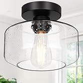 Industrial Semi Flush Mount Ceiling Light, 800 Lumen LED Bulb Included, Seeded Glass Shade Farmhouse Light Fixture for Hallwa