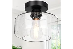 LYNNOLAND Industrial Semi Flush Mount Ceiling Light, 800 Lumen LED Bulb Included, Seeded Glass Shade Farmhouse Light Fixture for Hallway Corridor Kitchen Bathroom Bedroom Passway