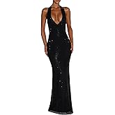 Sexy Sparkly Sequin Prom Dresses Halter Bodycon Formal Party Club Dress V Neck Maxi Evening Gown