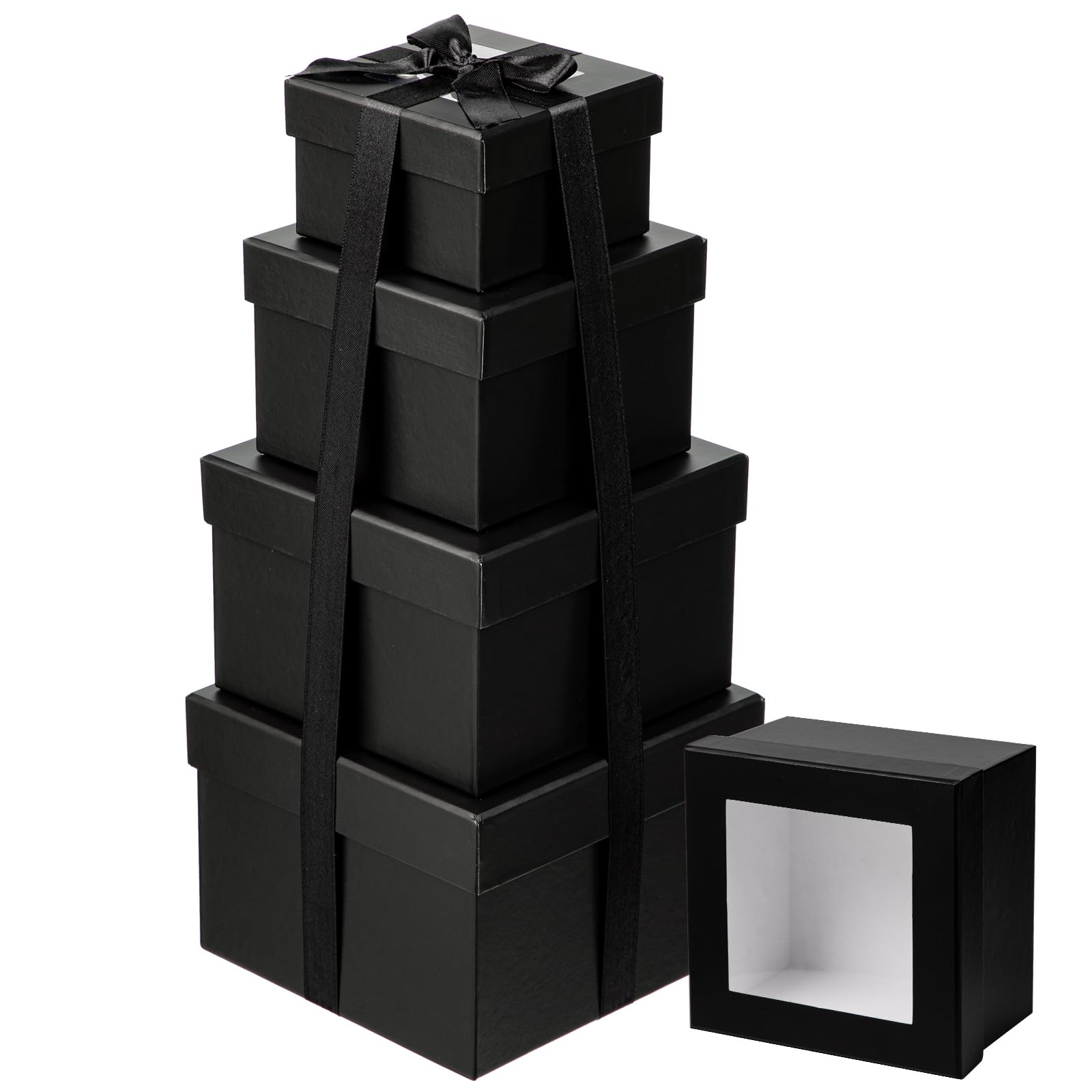 Briful Set of 4 Square Gift Box with Ribbon, Black Gift Boxes with Clear Lids, Cardboard Gift Boxes for Presents, Small Storage Boxes Assorted Sizes, Suitable for Gifts Crafting Packaging Box
