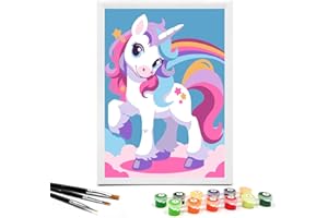 Nariolar Paint by Numbers for Kids Ages 4-8 with 7X9.5 inch Pre-Printed Cardboard,12 Acrylic Paint Pots and 3 Painting Brushes, Craft Gift Room Decor for Children,(Pretty Rainbow Unicorn)