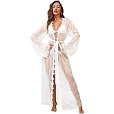 RSLOVE Lingerie for Women Sexy Long Lace Kimono Robe Mesh Chemise Lace Gown Swimsuit Cover Up