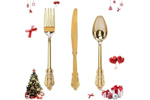 WDF 300 Pieces Gold Plastic Silverware Disposable - Heavy Duty Christmas Plastic Cutlery - Gold Silverware Sets Includes 100 Forks, 100 Spoons, 100 Knives