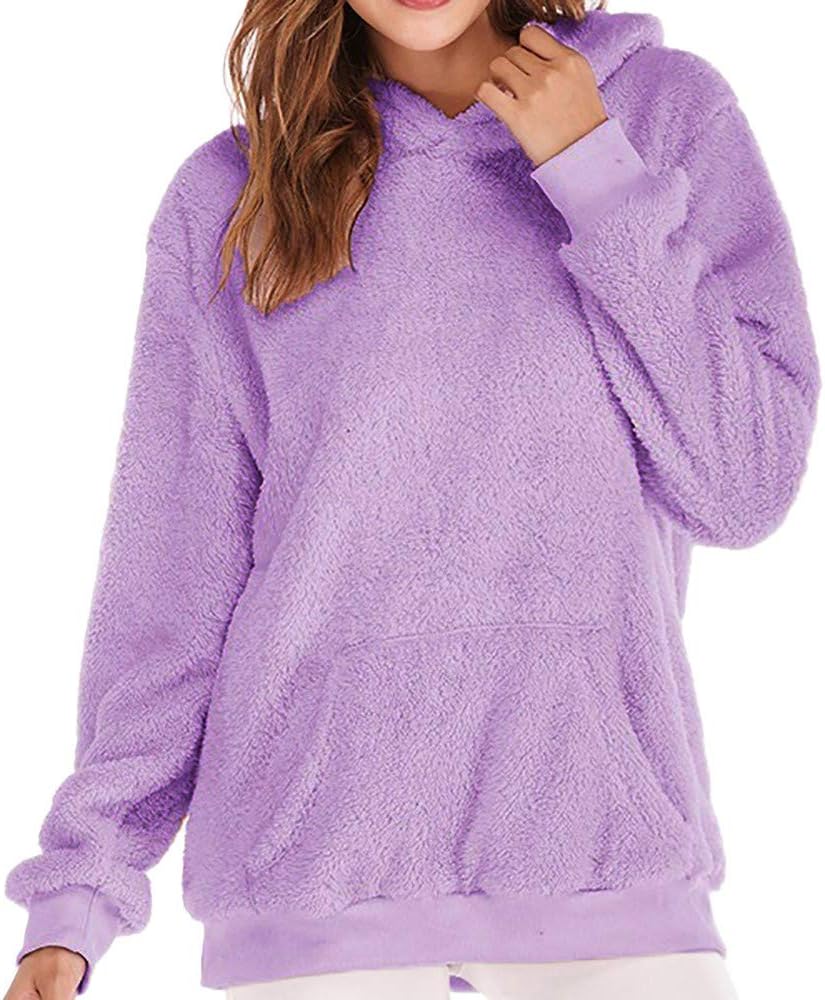 Womens Fluffy Sweater,Winter Warm Plush Long Sleeve Hooded Jumper Oversized Sweatshirt Zipper Coat