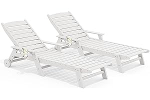 SERWALL Patio Chaise Lounge Chair Set of 2, 78'' Long 5-Positions Adjustable HDPE Outdoor Lounger for Pool, Poly Lounge Chair with Rolling Wheels & Cup Holder for Poolside, Deck, White