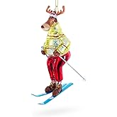 Festive Reindeer Skiing Blown Glass Christmas Ornament