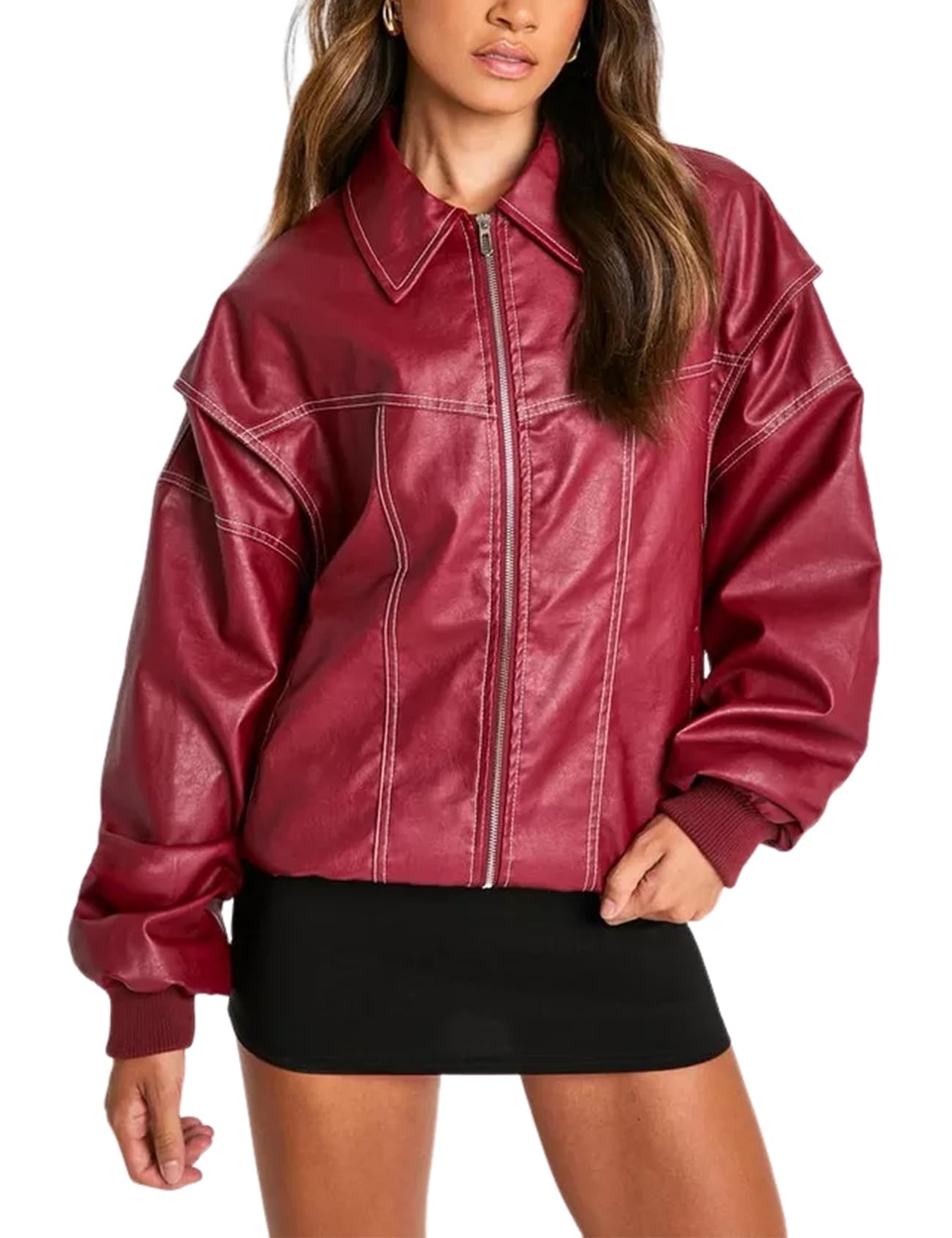 Photo 1 of Gihuo Women's Oversized Faux Leather Jacket Fashion Zip Up Motorcycle Jackets Moto Biker Coat Fall Winter Outfits(Wine-L)