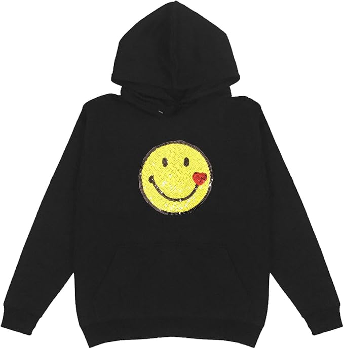 black hoodie with smiley faces