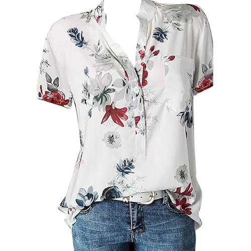 Tops for Women Summer,Blouse Shirts Floral Print V Neck Button Pocket Short Sleeve Summer Vintage Elegant Casual Tops