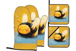 WHJSHOP Chubby Little bee Pattern Kitchen Baking Set of 4 - Insulated Oven Mitt and Pot Holders Anti-scalding and Heat Insula