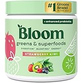 Bloom Nutrition Greens and Superfoods Powder for Digestive Health, Greens Powder, Digestive Enzymes, Probiotics, Spirulina, Chlorella for Bloating & Gut Support, Green Juice, 30 SVG, Strawberry Kiwi