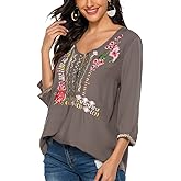 AK Women's Boho Embroidered Tops 3/4 Sleeve Mexican Peasant Shirts Bohemian Loose Tunic Blouses