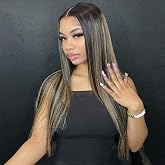Ombre Colored 1B 27 Sliky Straight 13X4 Hd Transparent Lace Frontal Wig Human Hair Highlight Ombre Glueless Lace Front Human Hair Wigs With Bleached Knots 180% Density Pre Plucked for Women 14"