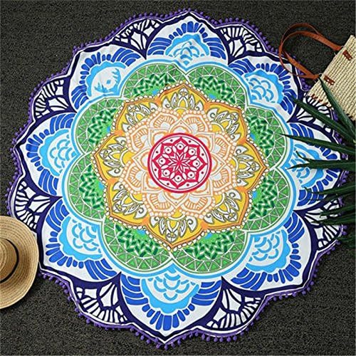 Round Beach Throw Blanket India Mandala Lotus Flower Tapestry/Wall Hanging with Tassel - Throw Tablecloth - Yoga Mat - Wrap Skirt, Roundie 60’’