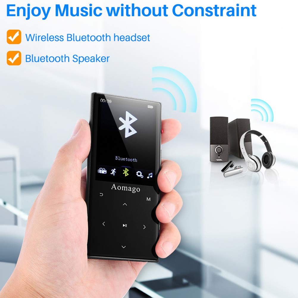 Aomago Music MP3 Player Bluetooth with Speaker - 2 in 1 Lossless Music Player with 2.4\'\' Screen Voice Recorder FM Radio Compact Touch Botton Digital MP3 Player Portable Pedometer, Support up to 128GB