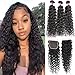 Laritaiya Brazilian Virgin Hair Water Wave 3 Bundles with Closure - 24 26 28+20 Inch Free Part Wet and Wavy Hair Ocean Curly Human Hair Natural Color