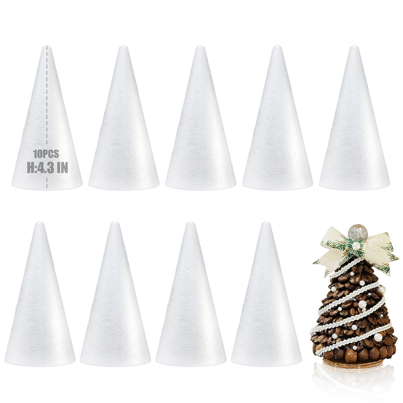 Photo 1 of 10 Pack Styrofoam Cones for Craft, 4.3x2.2in Craft Foam Tree Cones, White Small Polystyrene Foam Cones for Craft Use for DIY Art Projects, Christmas Tree Holiday Decor (4.3 * 2.2in-10pc)