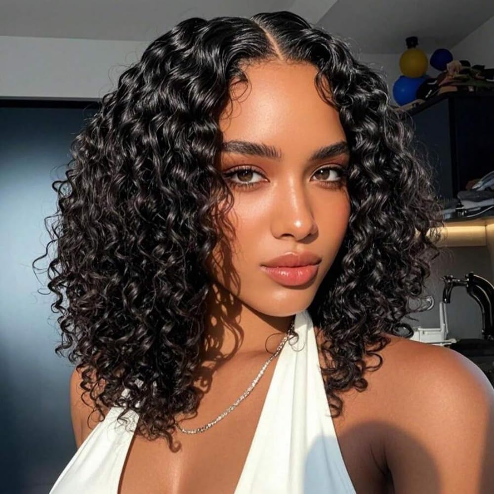 14 Inch Glueless Wig Human Hair Curly Bob Wig Human Hair Closure Wigs Pre Cut Lace Closure Pre Plucked 4x4 Wear And Go Glueless Wigs for Travel Use 180% Density