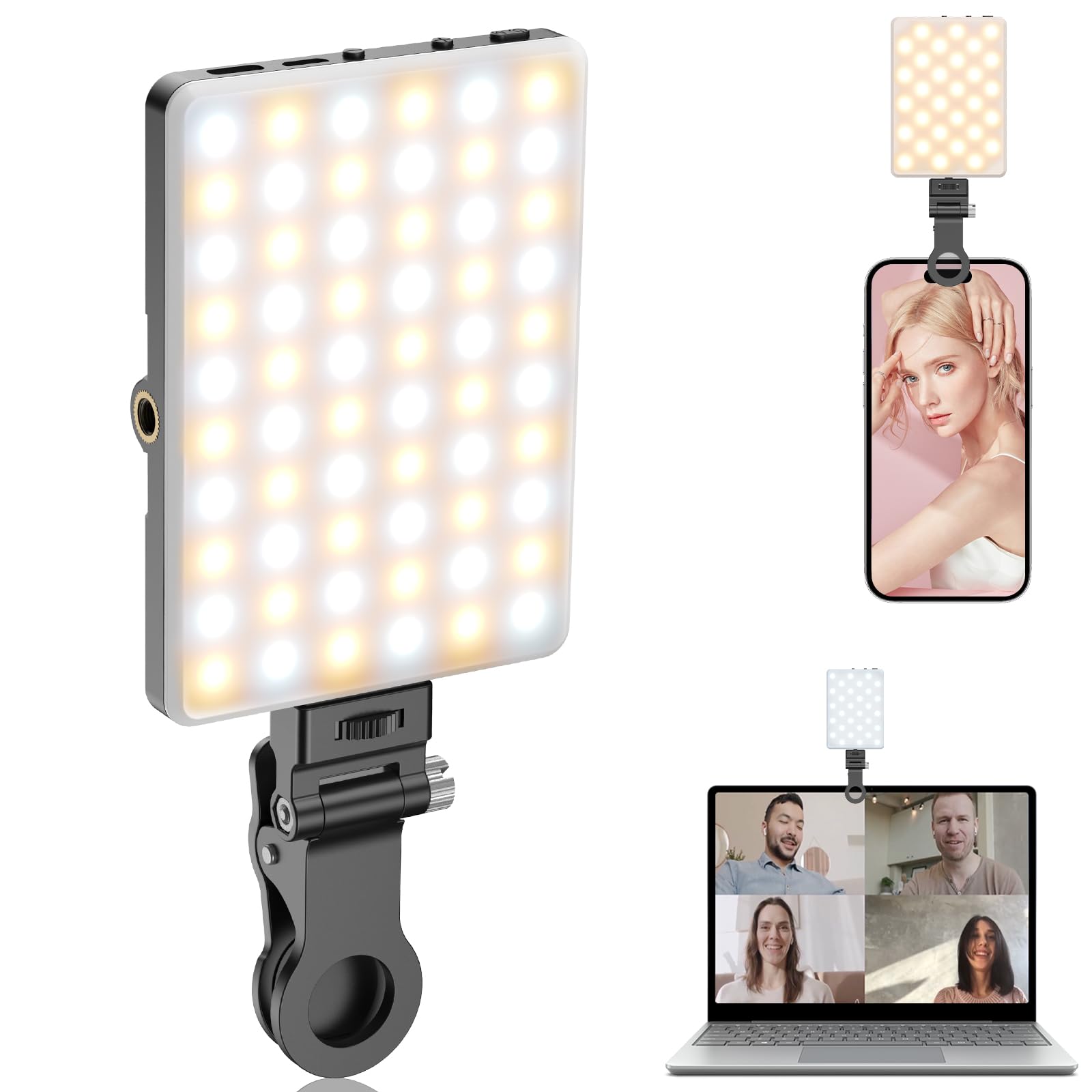 TONEOF Fill Light, Rechargable Selfie Light with Clip&Double 1/4" Screw Hole, 2500K-9000K Dimmable Light, Video Light for Selfie/Video Conference/Vlog/Tiktok-Black