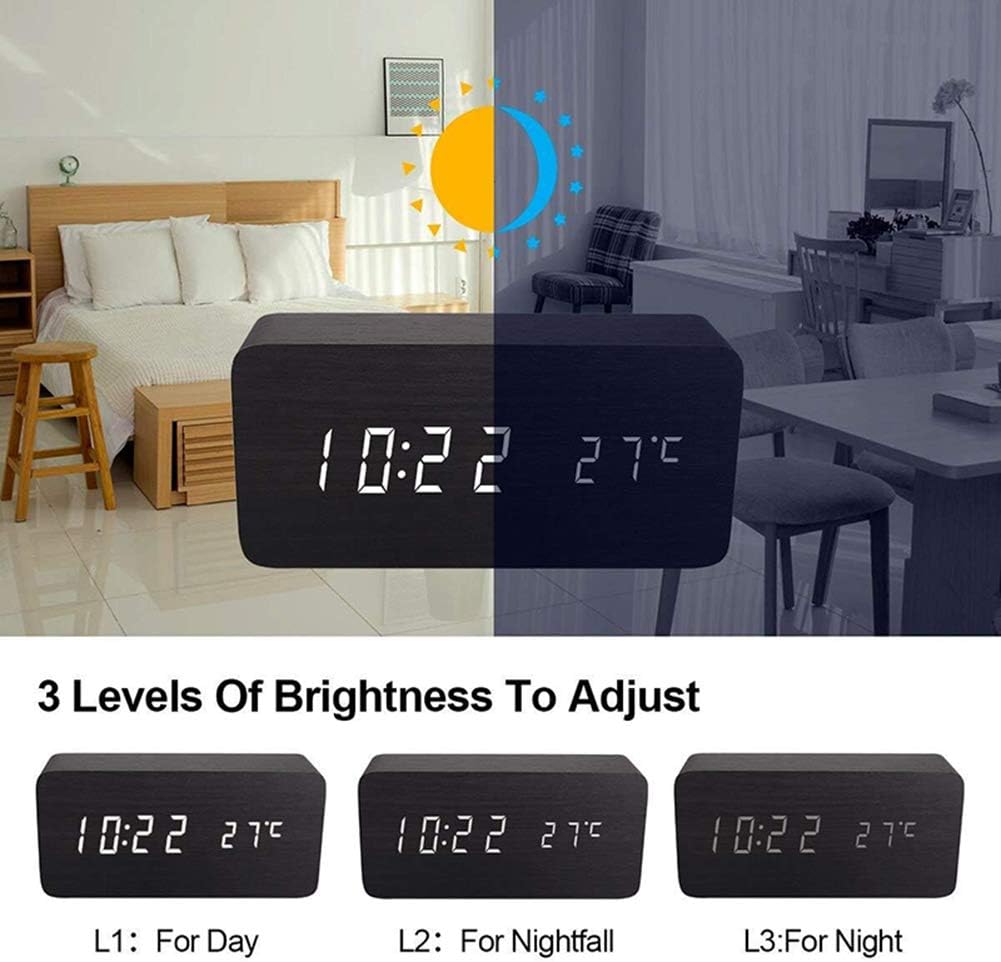 Sveglia digitale in legno, orologi elettrici a luce rossa in legno a LED rettangolari, luminosità e controllo vocale regolabili, data di visualizzazione dell'ora e della temperatura per camera