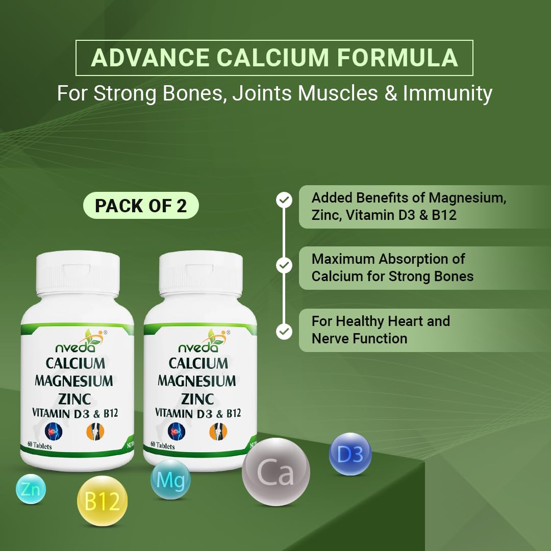 Nveda Calcium Supplement 1,000 mg with Vitamin D, Magnesium, Zinc & Vitamin B 12 for Men & Women/for Immunity, Bone & Joint Support -Pack of 2 120 Tablets