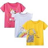 Little Girls' Short Sleeve Shirt Tee Cotton Casual Graphic Easter Pink Unicorn Yellow Bunny Summer Crewneck Tunic T-Shirts Tops Tee 3 Packs Sets Size 6
