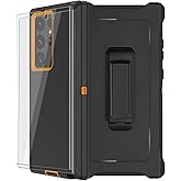 for Samsung Galaxy S23 Ultra Case with Belt Clip Holster, 2X Screen Protector, [Military Grade] Heavy Duty Full Body Shockproof Rugged Protective Cover for Samsung S23 Ultra 5G Black/Orange