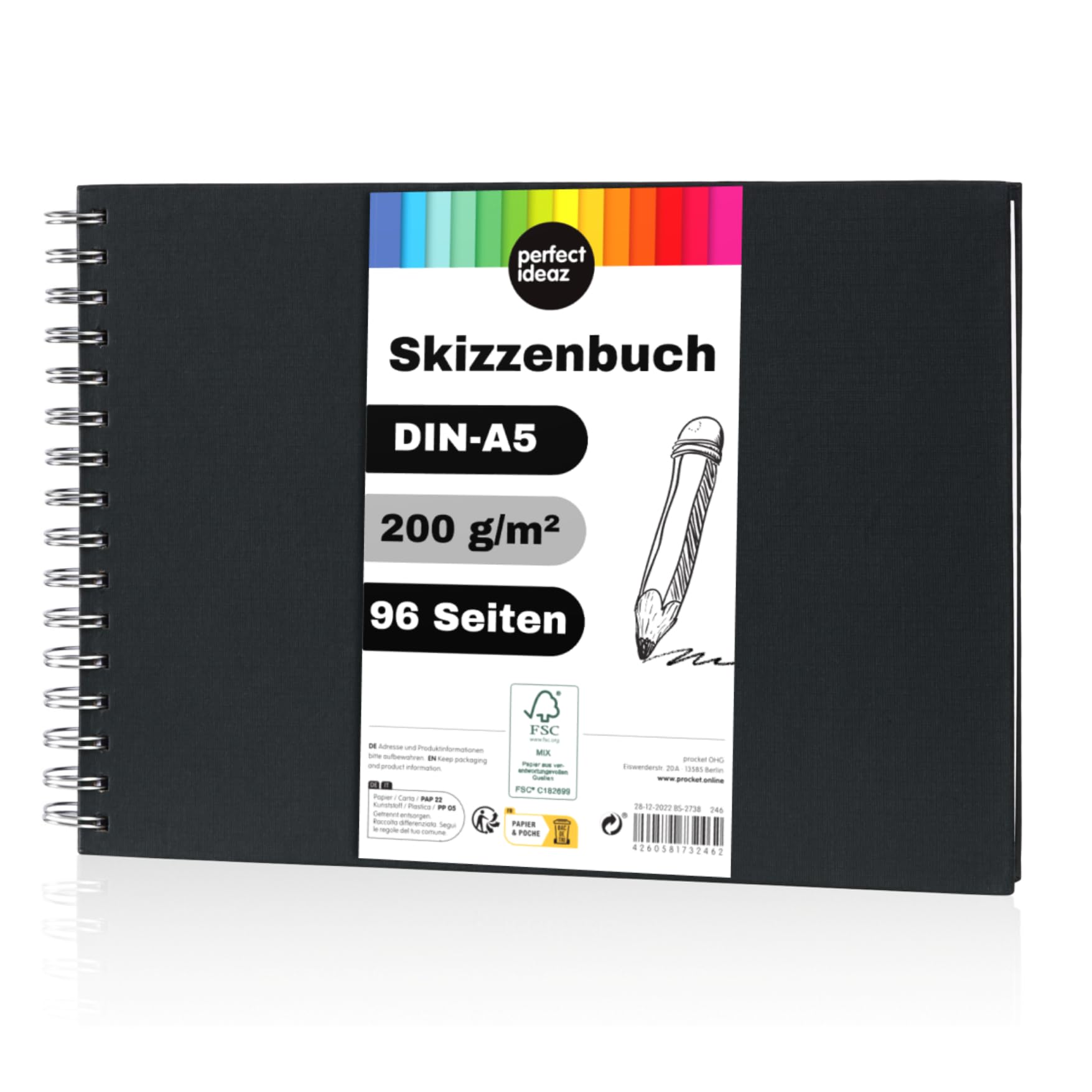 perfect ideaz DIN-A5 Sketch Book 96 Pages (48 Sheets), Professional Drawing Block, Black hardcover, Spiral Binding Book with White Blank Paper, 200 g, Blank Sketch & Black Book for Drawing