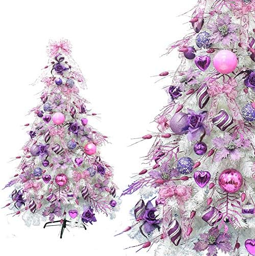 KKLTDI Decorated Pre-Lit Christmas Pine Tree, With Ornaments Premium Hinged Metal Stand Artificial Christmas Tree For Holiday Home Christmas Tree-pink 150cm(59inch)