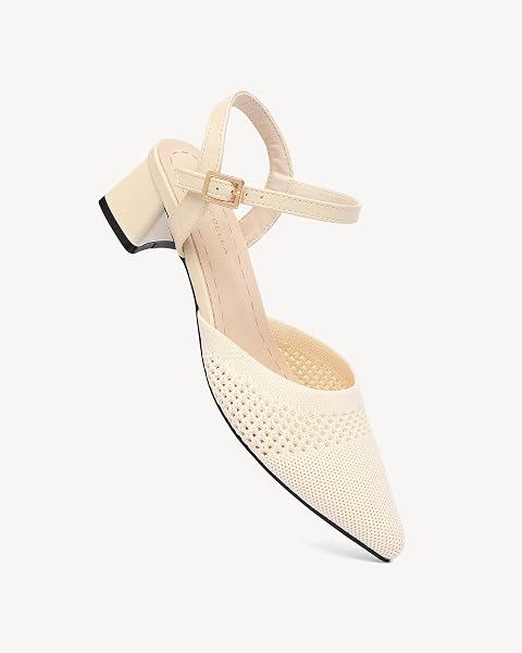 NEWBELLA WOMEN’S KNIT POINTED TOE CHUNKY HEEL SANDALS – CHUNKY BLOCK HEEL SUMMER SHOES, BREATHABLE SANDALS FOR BUSINESS AND DAILY WEAR,CREAM 7.5