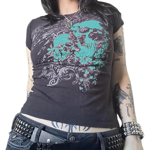 トップス Y2K fairy grunge scull border T-shirt Fairy Grunge Shirt for Women Y2K Vintage Graphic Skeleton