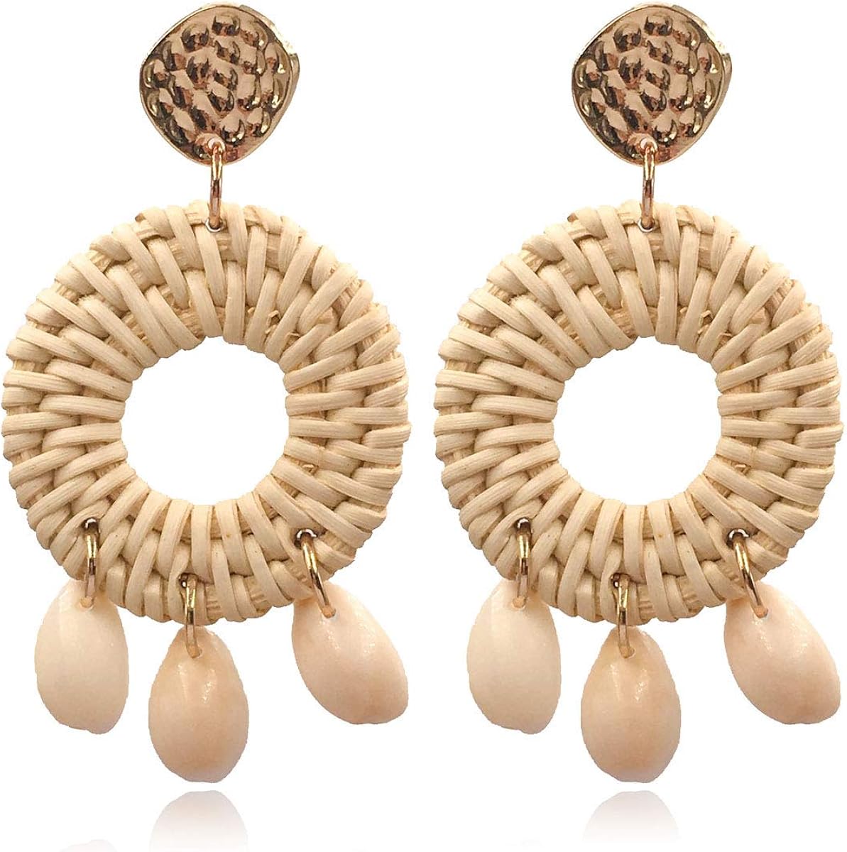 Summer Rattan Hoop Earrings for Women Rattan Shell Earrings Cowrie
