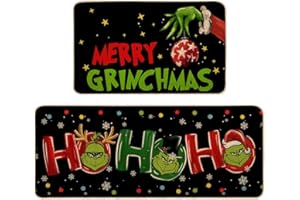 DECORHUA Christmas Grinchmas Kitchen Mats Sets of 2, Winter Xmas Kitchen Rugs Non Skid Washable Doormat Farmhouse Style Decor Mats for Floor 17x29 and 17x47 Inch DM106